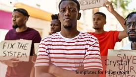  Presentation with city - PPT theme having young-activist-man-with-arms background and a coral colored foreground
