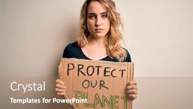  Presentation with smart connected environment - PPT theme having young-activist-woman-asking background and a coral colored foreground