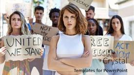  Presentation with city - Theme enhanced with young-activist-woman-with-arms background and a coral colored foreground