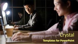  Presentation with late - Amazing PPT theme having young-adult-asian-businessman backdrop and a tawny brown colored foreground