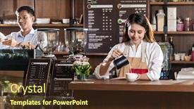  Presentation with cafe - Cool new presentation theme with young-adult-asian-female-barista backdrop and a tawny brown colored foreground
