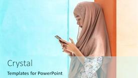  Presentation with adult education - Slides with young adult asian thai muslim university college student stand and using smart mobile phone unising for online education and technology concept background and a cool aqua colored foreground