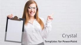  Presentation with white brick - Colorful slides enhanced with young adult business woman standing over white brick wall holding clipboard very happy pointing with hand and finger to the side backdrop and a light gray colored foreground