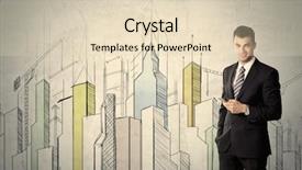  Presentation with buildings - Cool new slide deck with young adult businessman standing in front of a wall with colorful drawings of buildings charts graphs signs backdrop and a lemonade colored foreground