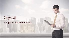  Presentation with skyscraper - PPT theme having young adult businessman standing in front of city landscape with skyscraper buildings and clouds concept background and a sky blue colored foreground