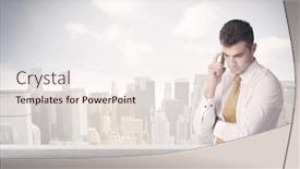  Presentation with skyscraper - Slides enhanced with young adult businessman standing in front of city landscape with skyscraper buildings and clouds concept background and a sky blue colored foreground