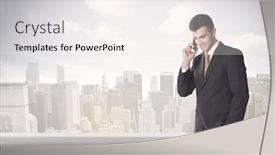  Presentation with skyscraper - Beautiful slides featuring young adult businessman standing in front of city landscape with skyscraper buildings and clouds concept backdrop and a sky blue colored foreground