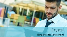  Presentation with tablet - Slides having young-adult-businessman-using-tablet background and a light blue colored foreground