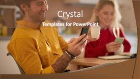  Presentation with cell phones - Audience pleasing PPT layouts consisting of young-adult-caucasian-couple-laughing backdrop and a tawny brown colored foreground