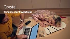  Presentation with burnout - Colorful slide deck enhanced with young-adult-caucasian-couple-working backdrop and a tawny brown colored foreground