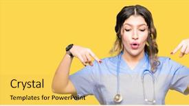  Presentation with advertisement - Presentation design having young adult doctor woman wearing background and a  colored foreground