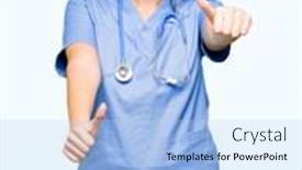  Presentation with medical smiling doctor - Beautiful theme featuring young adult doctor woman wearing medical uniform approving doing positive gesture with hand thumbs up smiling and happy for success looking at the camera winner gesture backdrop and a light blue colored foreground