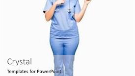  Presentation with medical smiling doctor - Slide set with young adult doctor woman wearing medical uniform smiling and looking at the camera pointing with two hands and fingers to the side background and a white colored foreground