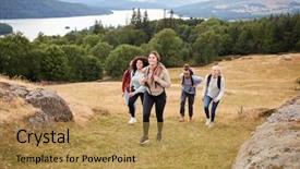  Presentation with summit - Slide deck featuring young adult friends hiking across background and a gold colored foreground