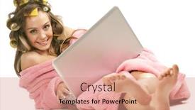  Presentation with hair dressing - Audience pleasing presentation consisting of young adult girl in pink dressing gown and with hair rollers sitting with laptop backdrop and a coral colored foreground