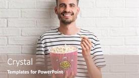  Presentation with white brick - PPT theme enhanced with young adult man eating popcorn standing over white brick wall with a happy face standing and smiling with a confident smile showing teeth background and a coral colored foreground