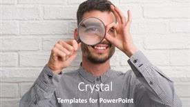  Presentation with eye glass - Slide deck consisting of young adult man over brick wall using magnifying glass with happy face smiling doing ok sign with hand on eye looking through fingers background and a gray colored foreground