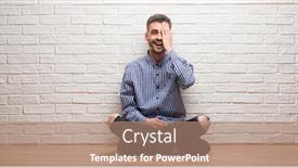  Presentation with white brick - Beautiful presentation design featuring young adult man sitting over white brick wall covering one eye with hand with confident smile on face and surprise emotion backdrop and a coral colored foreground