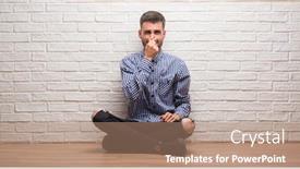  Presentation with white brick wall - Theme with young-adult-man-sitting-over background and a coral colored foreground