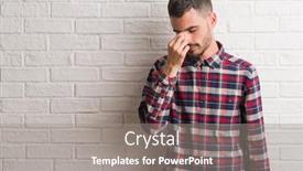  Presentation with white brick - PPT layouts having young adult man standing over white brick wall tired rubbing nose and eyes feeling fatigue and headache stress and frustration concept background and a gray colored foreground