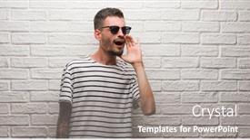  Presentation with white brick wall - Colorful presentation design enhanced with young adult man wearing sunglasses standing over white brick wall shouting and screaming loud to side with hand on mouth communication concept backdrop and a gray colored foreground