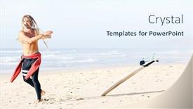  Presentation with active lifestyle - Colorful presentation theme enhanced with young adult shirtless surfer with dreadlocks wearing wetsuit warming up on beach preparing for summer evening surfing session - stretching routine for surfing and active lifestyle concept portugal backdrop and a sky blue colored foreground