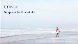  Presentation with ocean waves - Amazing theme having young adult surfer with dreadlocks wearing wetsuit entering foggy ocean with surfboard under arm to catch waves during summer evening surf session - active lifestyle and surfing concept copy space backdrop and a sky blue colored foreground