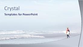  Presentation with ocean waves - PPT layouts consisting of young adult surfer with dreadlocks wearing wetsuit entering foggy ocean with surfboard under arm to catch waves during summer evening surf session - active lifestyle and surfing concept copy space background and a sky blue colored foreground