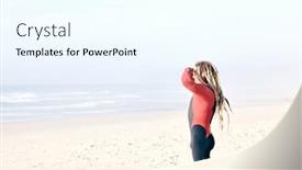  Presentation with summer sun - Theme with young adult surfer with dreadlocks wearing wetsuit standing on beach near surfing spot and looking for waves covering eyes from summer evening sun by hand - surfing concept copy space portugal background and a cool aqua colored foreground