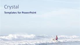  Presentation with ocean waves - Audience pleasing theme consisting of young adult surfer with dreadlocks wearing wetsuit entering foggy ocean with surfboard under arm to catch waves during summer evening surf session - active lifestyle and surfing concept copy space backdrop and a sky blue colored foreground