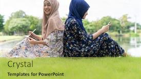  Presentation with islamic muslim - Presentation design with young adult teenager muslim islamic thai asian women using smartphones and tablet in social media background and a yellow colored foreground