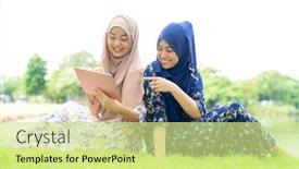  Presentation with muslim women - Slide set having young adult teenager muslim islamic thai asian women using smartphones and tablet in social media background and a soft green colored foreground