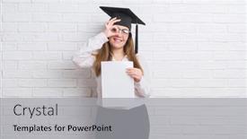  Presentation with white brick - Amazing presentation design having young adult woman over white brick wall wearing graduate cap holding degree with happy face smiling doing ok sign with hand on eye looking through fingers backdrop and a light gray colored foreground