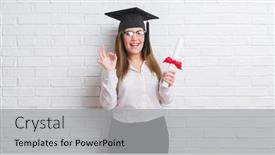  Presentation with white brick wall - Beautiful slide set featuring young adult woman over white brick wall wearing graduate cap holding degree doing ok sign with fingers excellent symbol backdrop and a light gray colored foreground