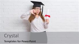  Presentation with white brick wall - Slides having young adult woman over white brick wall wearing graduate cap holding degree with angry face negative sign showing dislike with thumbs down rejection concept background and a light gray colored foreground