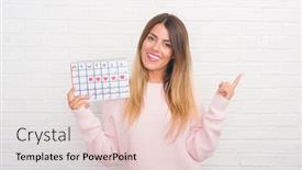  Presentation with white brick - Colorful slide deck enhanced with young adult woman over white brick wall holding period calendar very happy pointing with hand and finger to the side backdrop and a lemonade colored foreground