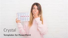  Presentation with white brick wall - Presentation theme consisting of young adult woman over white brick wall holding period calendar cover mouth with hand shocked with shame for mistake expression of fear scared in silence secret concept background and a lemonade colored foreground