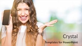  Presentation with weight loss woman showing - PPT theme with young adult woman showing smartphone background and a  colored foreground