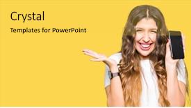  Presentation with woman hands raised to sky - Slide deck having young adult woman showing smartphone background and a yellow colored foreground