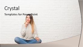  Presentation with paint white brick wall - Theme featuring young adult woman sitting background and a white colored foreground