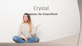  Presentation with white brick wall - Presentation having young adult woman sitting on the floor over white brick wall at home smiling cheerful presenting and pointing with palm of hand looking at the camera background and a white colored foreground