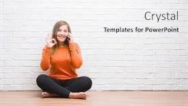  Presentation with white brick - PPT layouts enhanced with young adult woman sitting on the floor over white brick wall calling using smartphone doing ok sign with fingers excellent symbol background and a white colored foreground