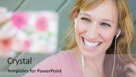  Presentation with photograph - PPT theme enhanced with young adult woman wearing earphones background and a  colored foreground