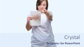  Presentation with down syndrome - PPT theme with young adult woman with down syndrome holding red heart card over isolated background pointing with finger to the camera and to you hand sign positive and confident gesture from the front background and a sky blue colored foreground