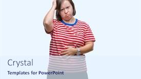  Presentation with hands down - PPT theme enhanced with young-adult-woman-with-down background and a sky blue colored foreground