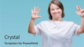  Presentation with down syndrom - Amazing PPT theme having young adult woman with down backdrop and a  colored foreground