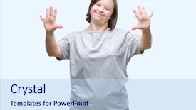  Presentation with down syndrom - Slide set with young adult woman with down background and a light blue colored foreground
