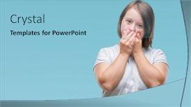  Presentation with hands down - Amazing PPT theme having young-adult-woman-with-down backdrop and a light blue colored foreground