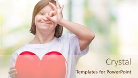  Presentation with eye - PPT theme with young adult woman with down syndrome holding red heart over isolated background with happy face smiling doing ok sign with hand on eye looking through fingers background and a cream colored foreground