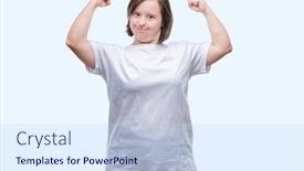  Presentation with down syndrome - PPT layouts featuring young adult woman with down syndrome over isolated background showing arms muscles smiling proud fitness concept background and a sky blue colored foreground